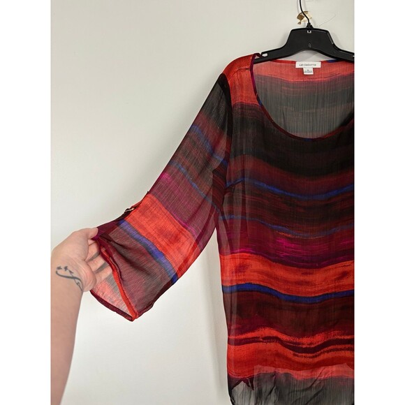 Liz Claiborne Red Black Sheer Scoop Neck Crop Sleeve Blouse size xl - Picture 2 of 7